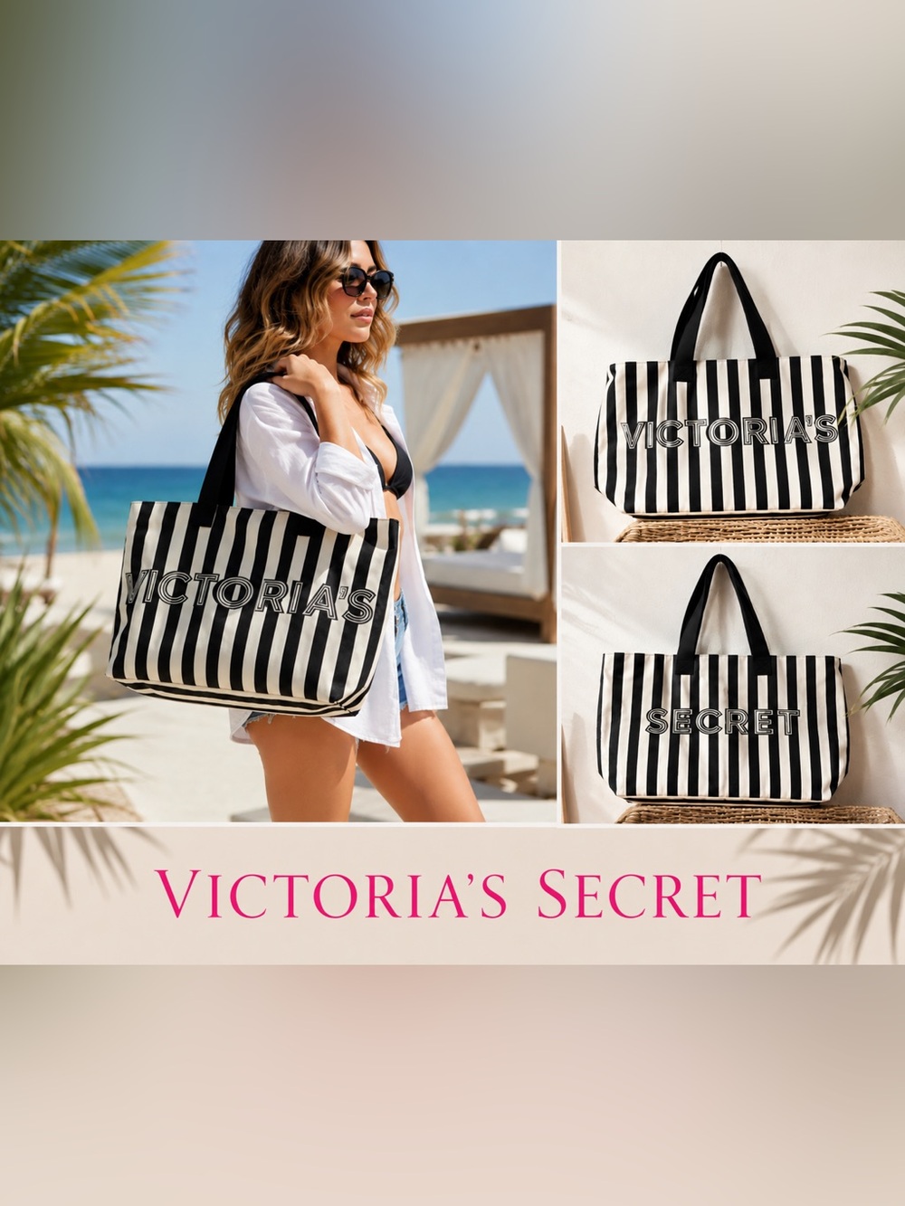 EUC Victoria's Secret Black & White Striped Beach Tote